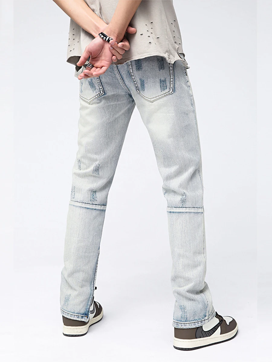 Four Seasons Men's Jeans American High Street Washed Ripped Slim Fit Hem Zip Trousers Y2k Men Jeans Streetwear Men Ins Hot Sale