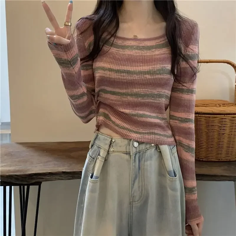 Новинка 2024 корейский стиль утягивающий женский вязаный топ с длинными рукавами