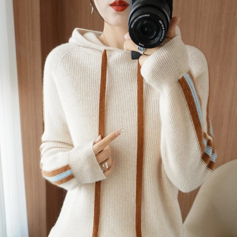 100% Pure Wool Hooded Women's Sweater 2022 Autumn / Winter New Sweater Casual Knitted Color Matching Tops Fashion Female Hoo