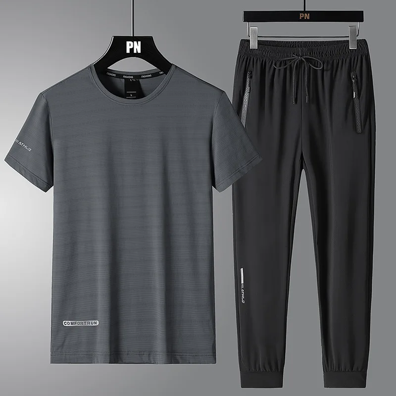 2023 Summer New Men's Silk Sports Set Solid Short Sleeve T-shirt+Sports Pants Two Piece Set for Mens Jogging and Morning Running