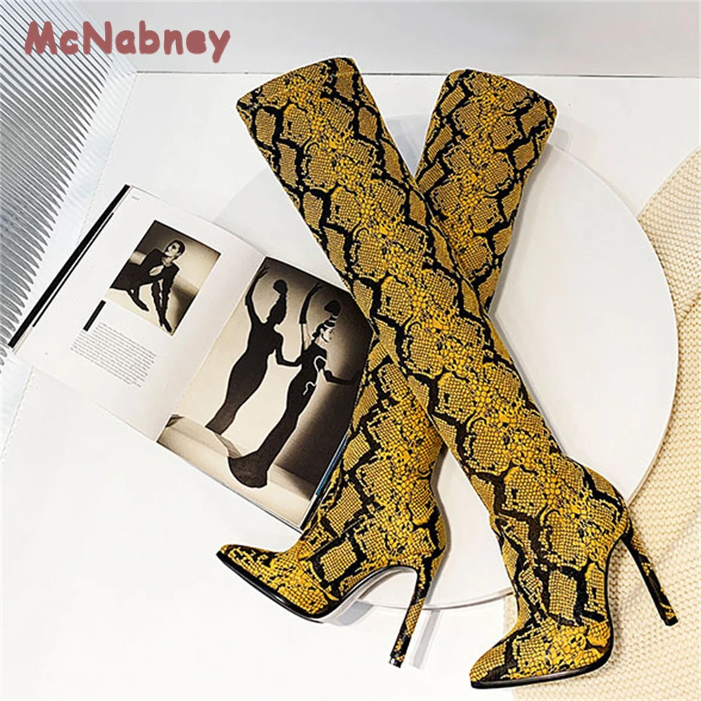 Fashion Boots Women Stiletto Pumps Stretch Snake Print Over Knee High Heel Elastic Skinny Boots Fashion Party Street Long Boots