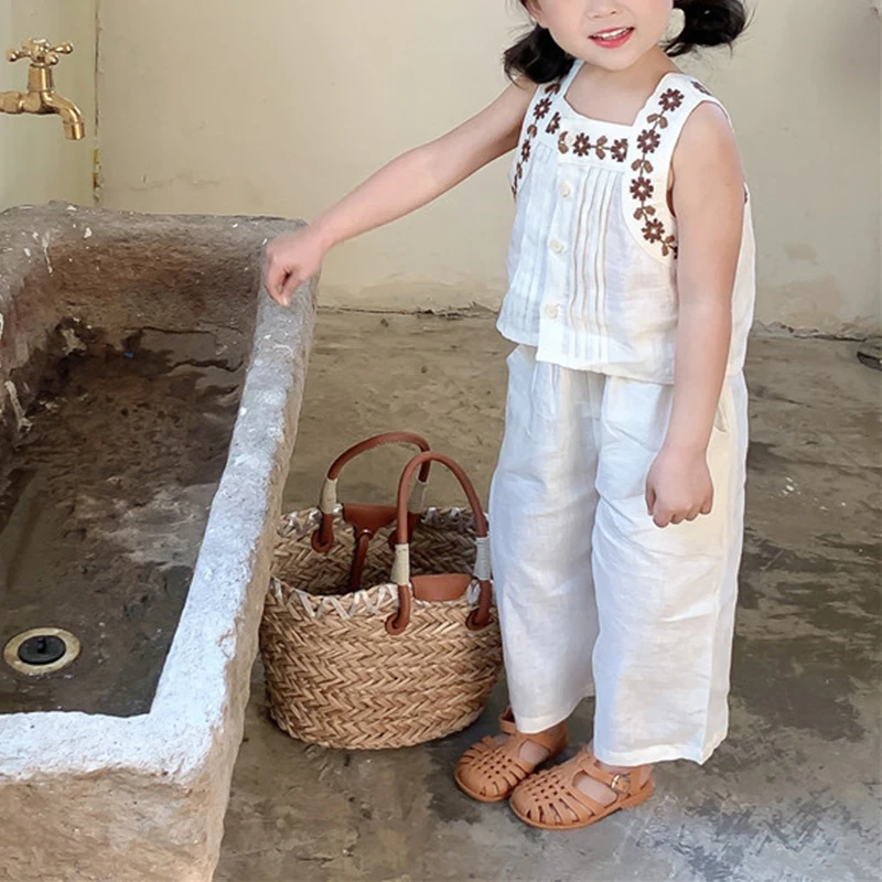 RiniLucia Toddler Girls Clothing Sets 2022 Summer Girls Clothes Flower Embroidery Cotton Tank Top Outfit Kids Tracksuit Suit