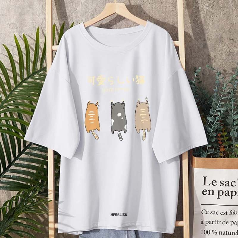 Женская летняя футболка с коротким рукавом и круглым вырезом принтом кошки |