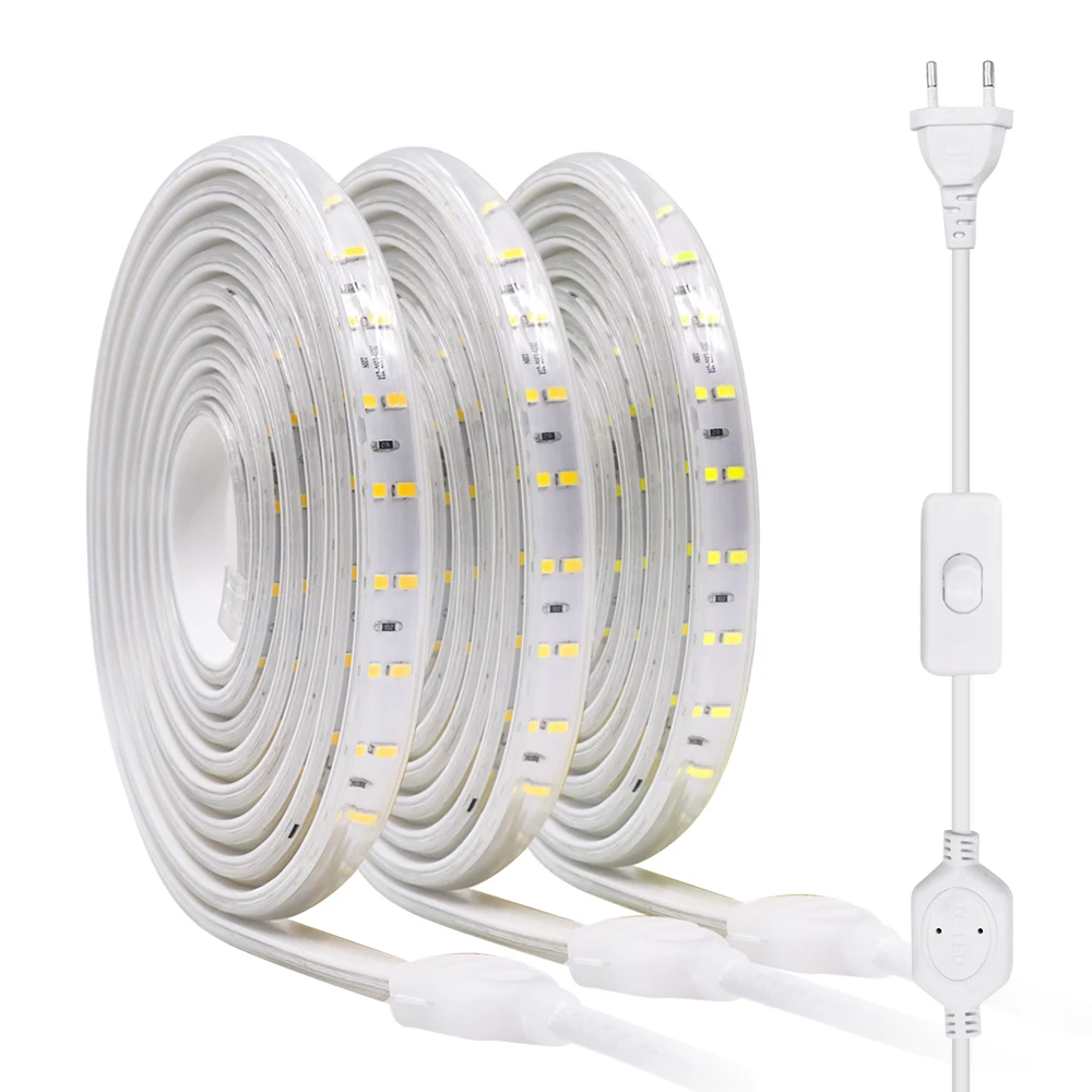 LED Strip 220V 240V Waterproof 120leds/m Natural/Warm/Cool White Double Row Flexible Ribbon Tape LED Light With EU UK Switch
