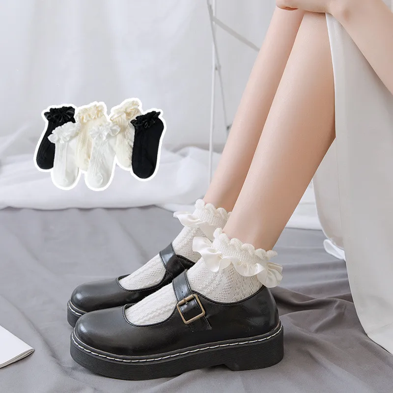 JK Socks Sweet Girl Lolita Style Kawaii Cute Short Socks Japanese Fashion Solid Color Black White Beige Lace Frilly Ruffle Socks