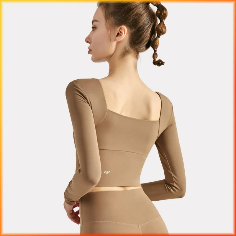 

With Logo Yoga T-Shirt Nylon Stretch Quick Dry Outdoor Training Tight Long Sleeve Chest Pad Breathable Jogging Gym Sports Tops