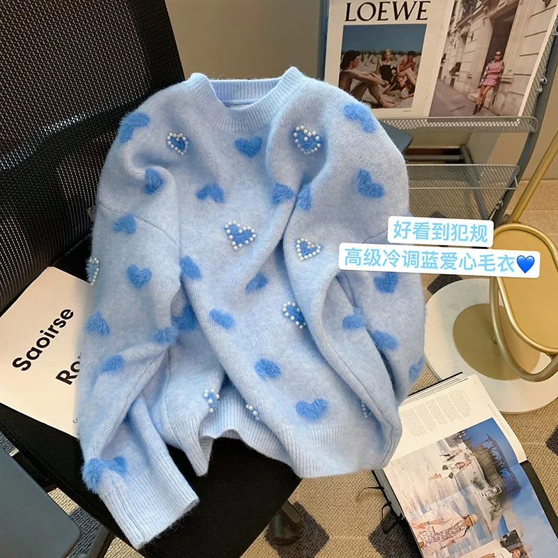 Осень-зима 2022 голубые дизайнерские женские пуловеры с бисером женская одежда