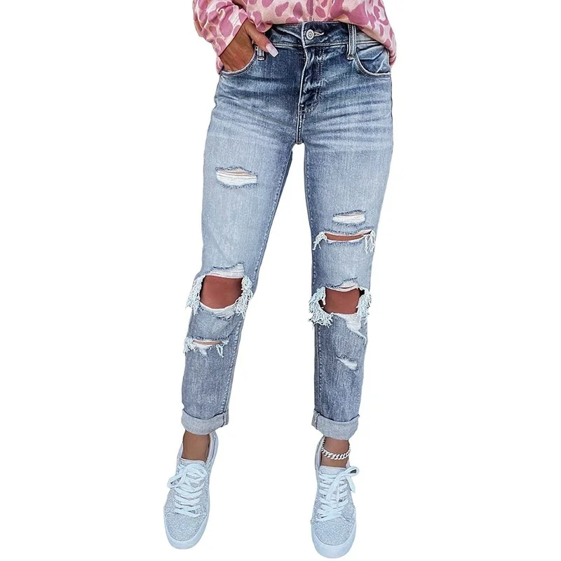 2021 Fashion Ripped Boyfriend Mid Waist Skinny Classic Jeans Women's Vintage Plus Size Distressed Stretch Denim Pants Streetwear