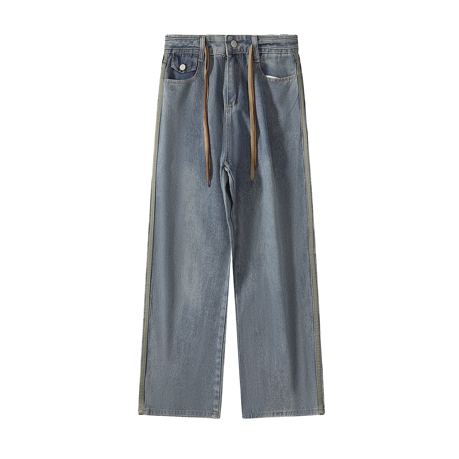 

Джинсы мужские с боковыми полосками, декоративные варенные джинсы контрастных цветов, модные мешковатые широкие брюки с двойной кулиской в винтажном стиле