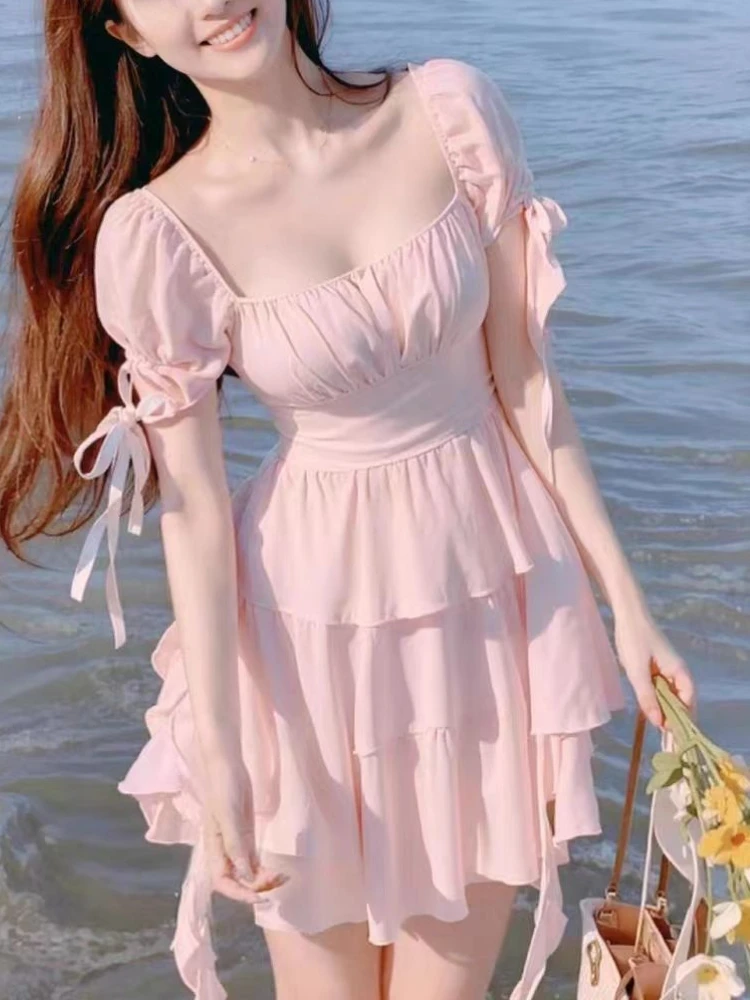 

Женское винтажное платье со шнуровкой, розовое элегантное милое мини-платье с оборками и пышными рукавами в Корейском стиле, новинка 2023