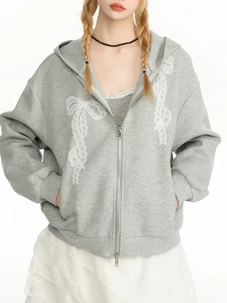 ADAgirl серый бант с кружевным принтом на молнии толстовки женские Y2k Harajuku толстовка