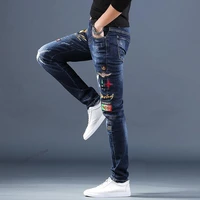 2022 mens embroidered jeans mens pencil pants brand slim casual small feet ripped hole trend pants autumn winter trousers