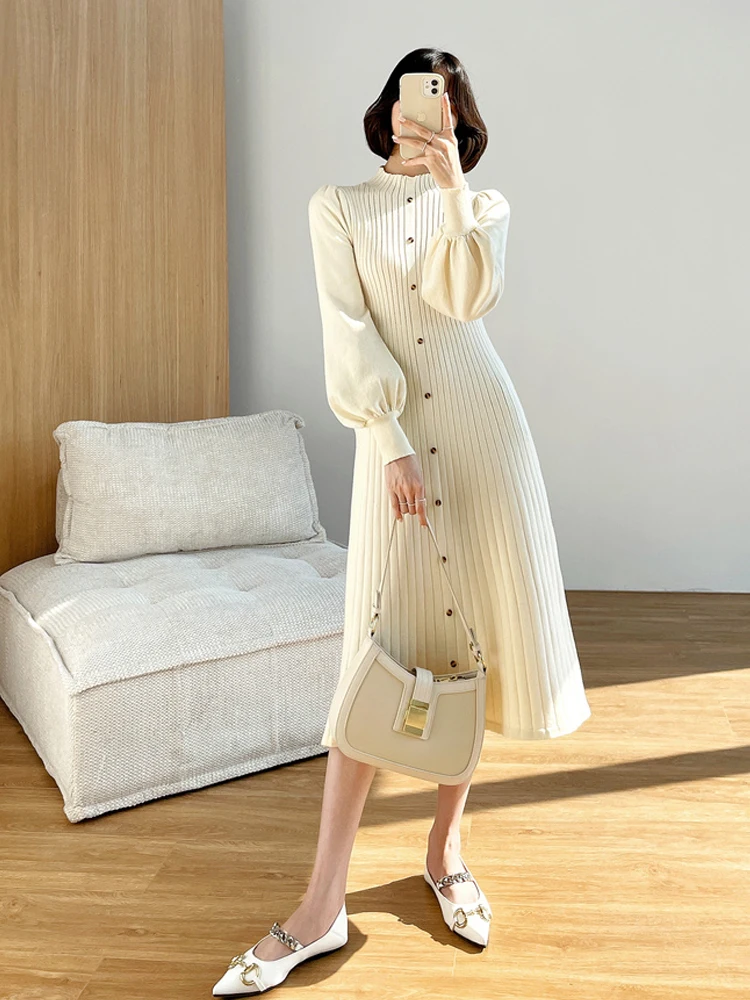 

2022 Autumn Winter Half High Collar Mid-Length Dress Women Lantern Sleeve Sweater Skirt Casual Fashion Vintage Knitted Dress Par