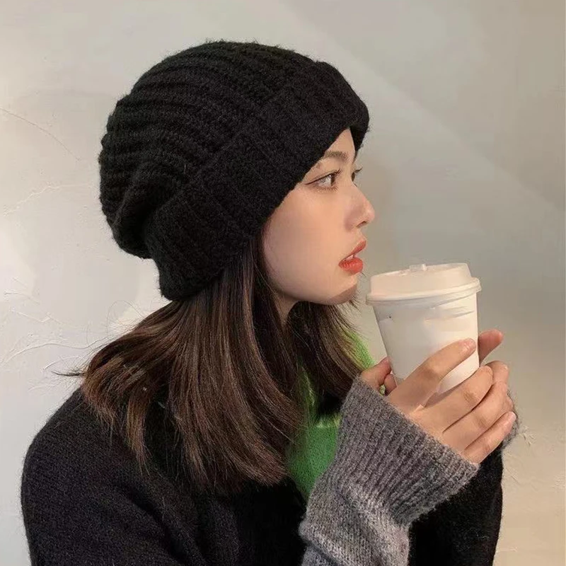 

New JK Korean Wool Knitted Women Beanies Cap Autumn Winter Baggy Slouchy Crochet Cap Fashion Solid Color Warm Bonnet Skullcap
