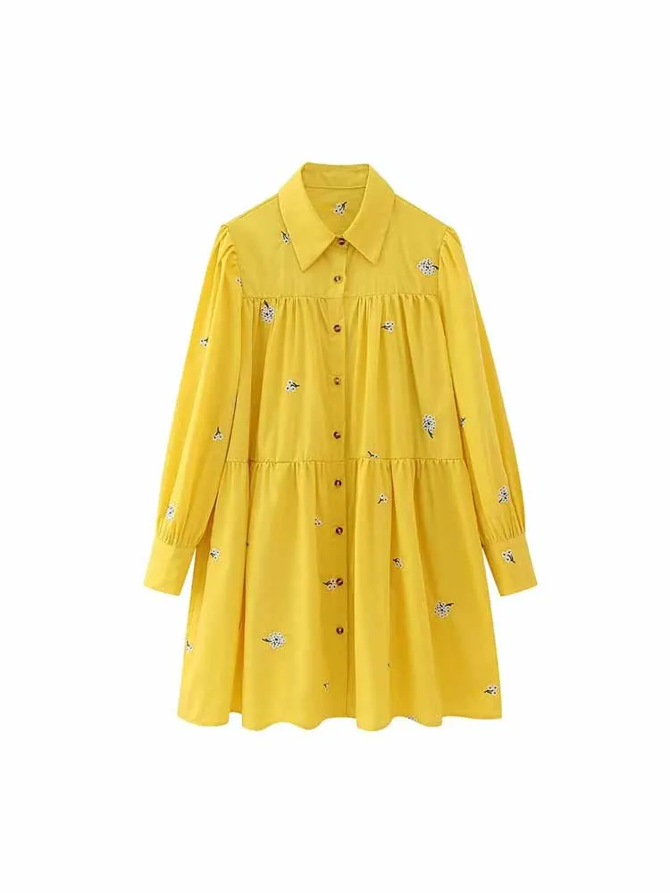 

Платье BSK & ZA & TRF женское с цветочной вышивкой, шикарное модное свободное платье-рубашка с длинным рукавом, на пуговицах