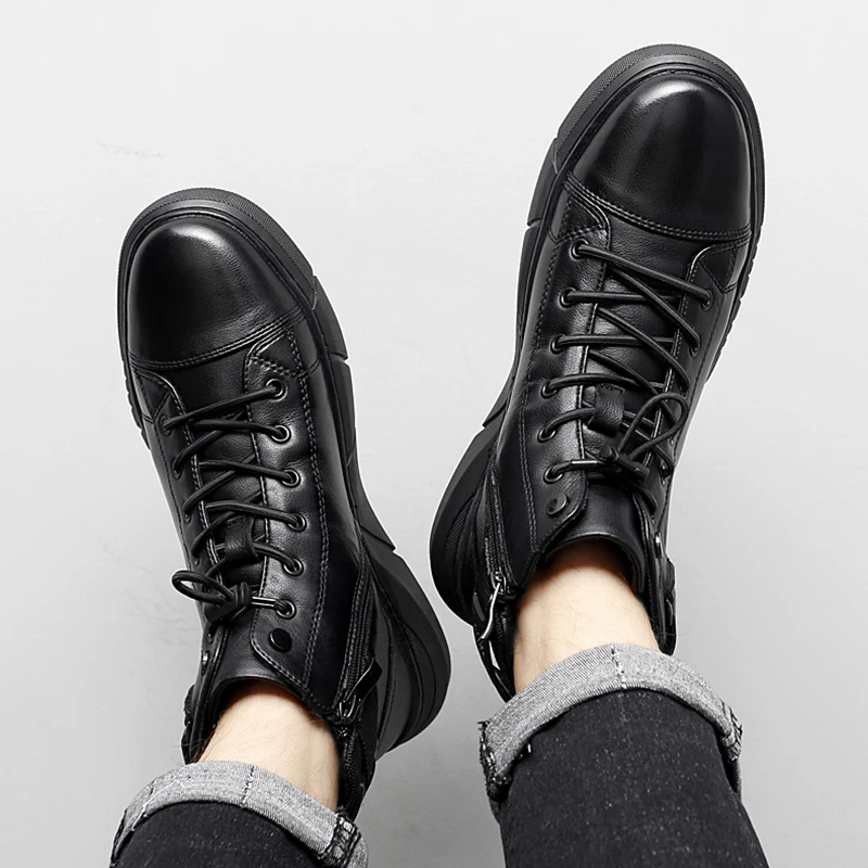 Brand Ankle Boots Black PU Leather Men Shoes Autumn Winter Outdoor High-top Desert Hiking Shoes Tactical Side Zip Platform Boots