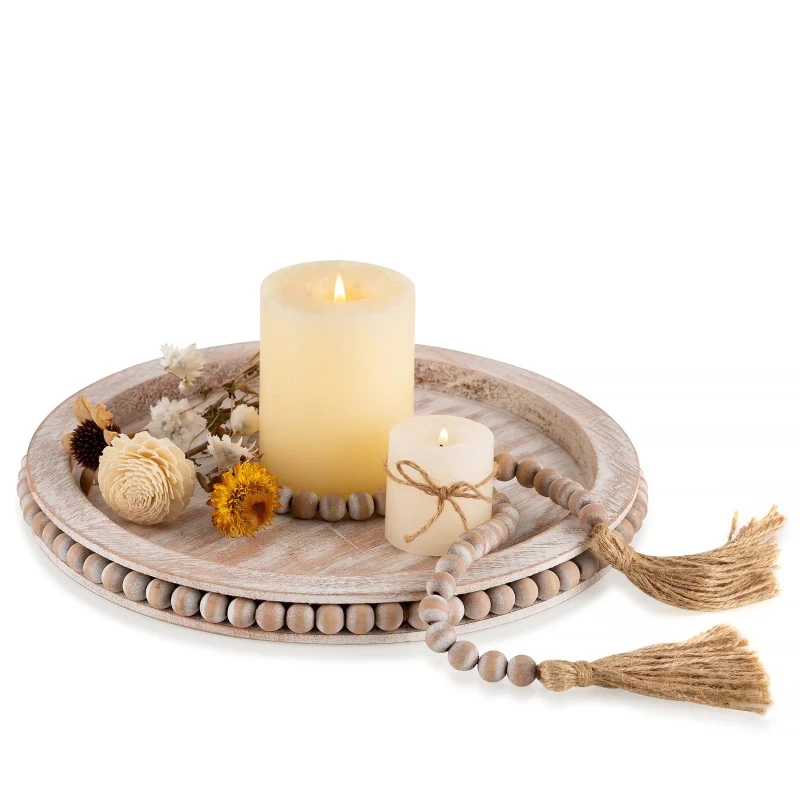 

Round Wood Trays Decorative Beaded Farmhouse Decor Tray for Coffee Centerpiece