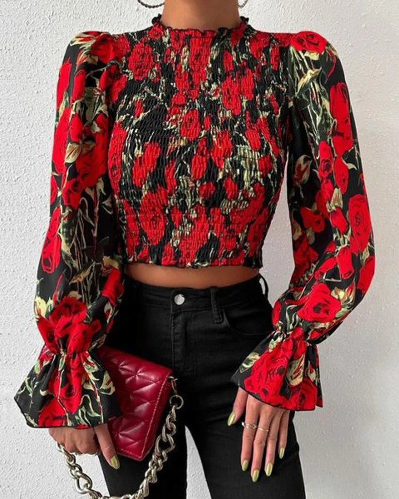 

Fashion Woman Blouses Spring Floral Print Flounce Sleeve Shirred Casual O-Neck Long Sleeve Daily Crop Top