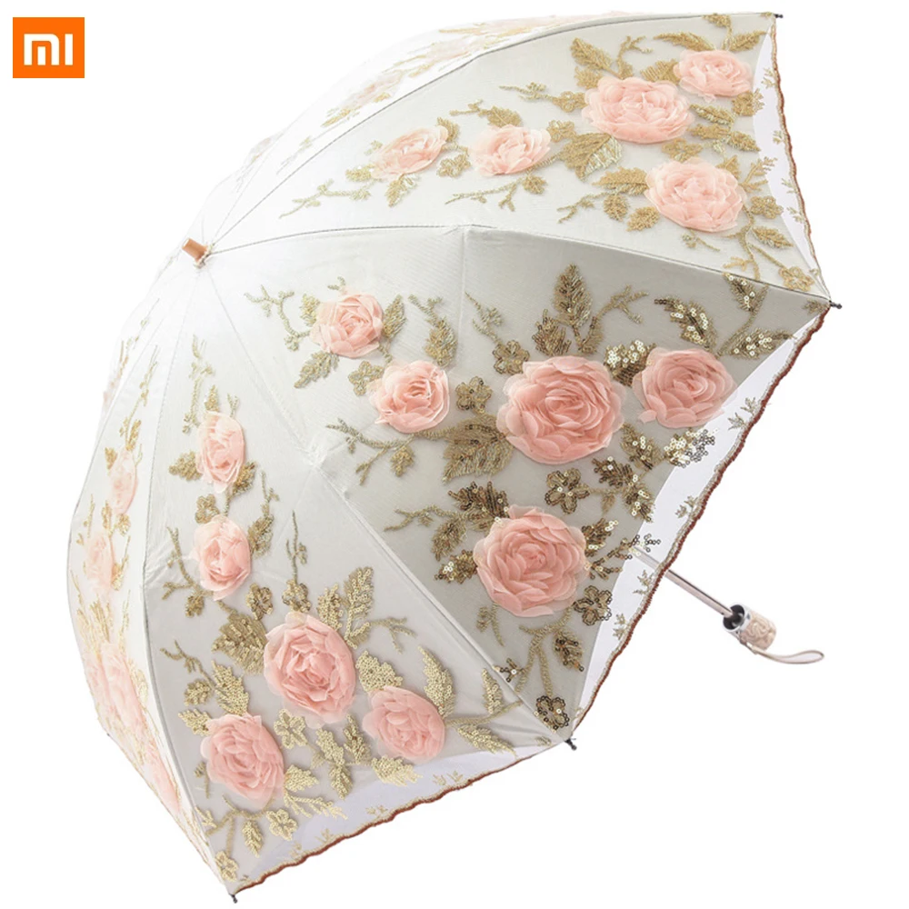

Новый Зонт Xiaomi на шнуровке, виниловый Зонт с УФ-защитой, Складывающийся тройного сложения, зонт от солнца с вышивкой, зонт принцессы, ручной ...