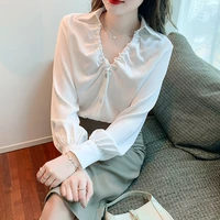 solid white women top satin fabric big v neck pleated elegant office ladies shirt long sleeve button spring 2022 women clothing