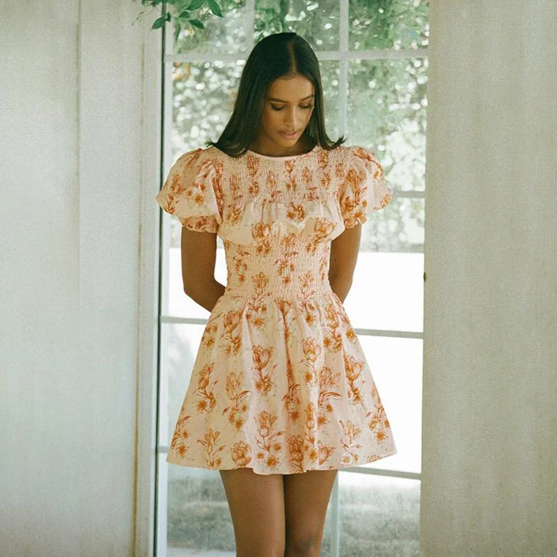 

Vintage Orange Puff Sleeve Mini Summer Dress O Neck Elastic Smocking Short Boho Dress Women's Casual Print Floral Dress