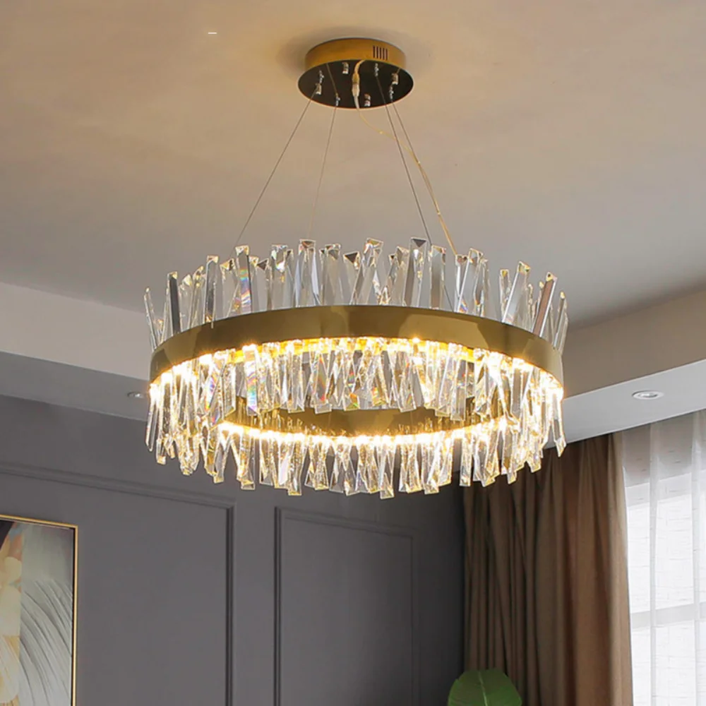 

Modern Living Room Luxury Steel Dimmable Led Pendant Light Shiny Gold Chrome K9 Crystal Led Hanging Lamp Round Suspension Lamps