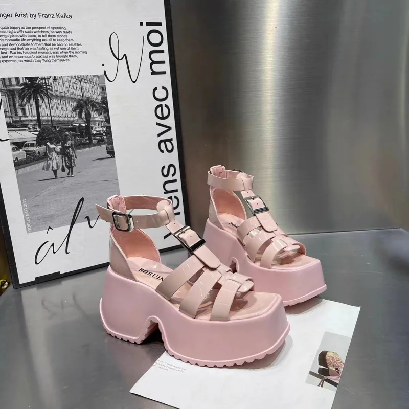 Summer Women Shoes Apricot Black Genuine Leather Roman Sandals Buckle Strap Open-Toe Thick High Heels Casual Lady Sandal