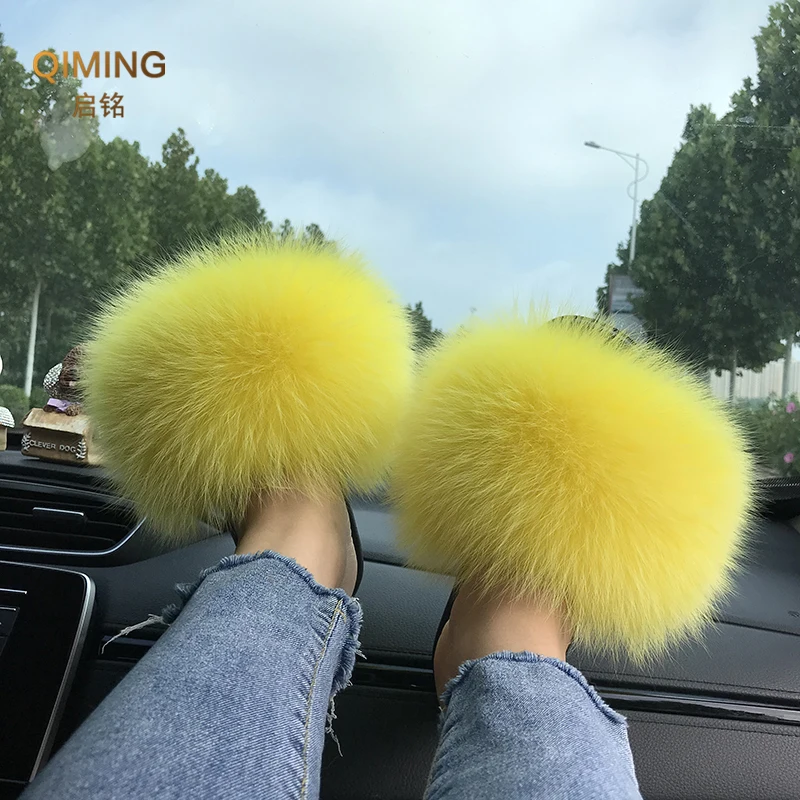 Summer Real Fur Slippers Ladies Indoor Furry Fur Flip Flops Women Plush Fox Fur Slides For Women House Shoes Woman Slipper Beach images - 6