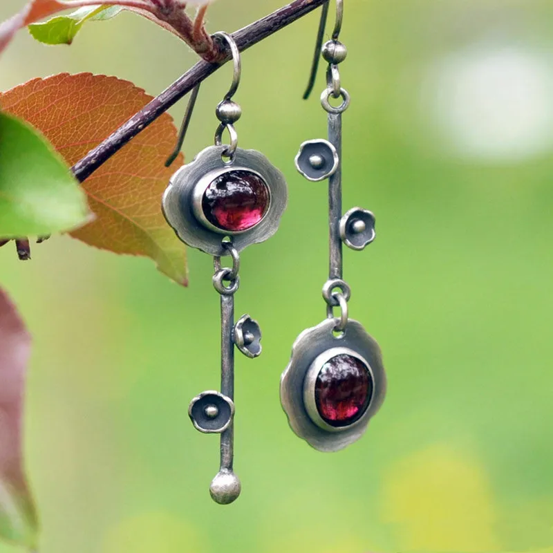 

Antique Style Plant Flower Hook Drop Earrings For Women Boho Asymmetrical Red Blue Moonstone Earrings Female Wedding Jewelry