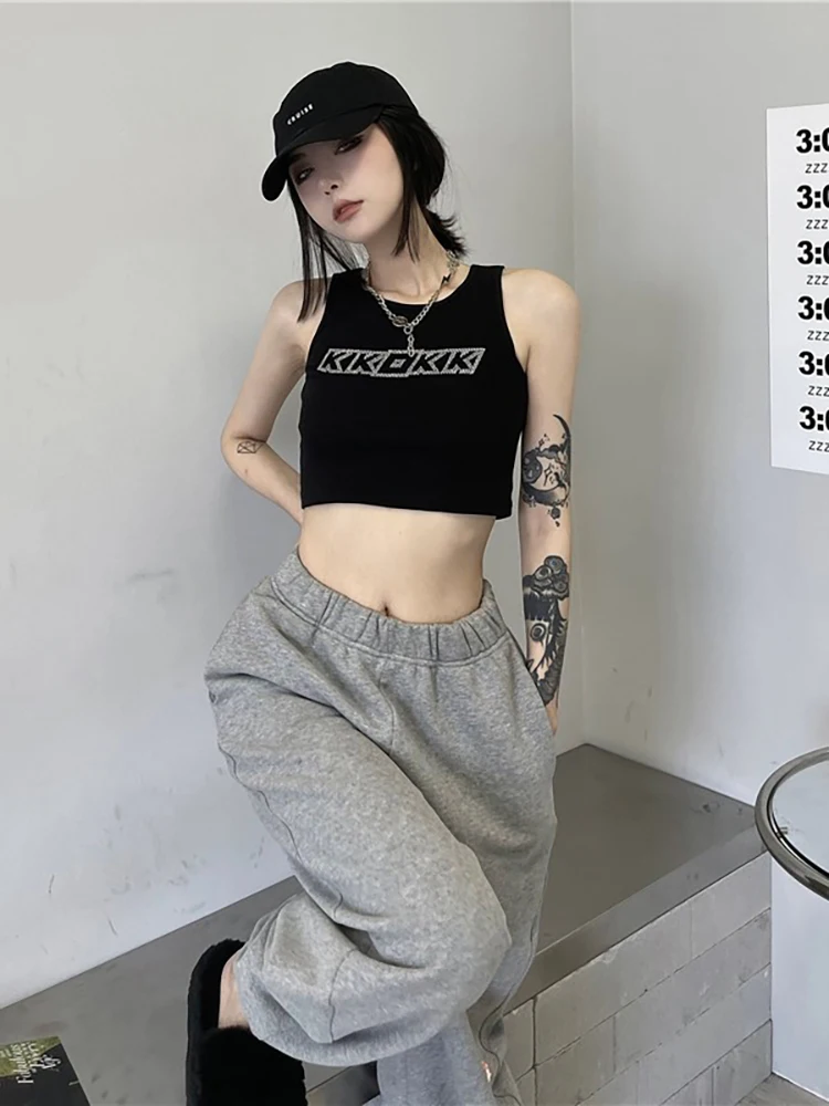 Черный жилет женский летний новый дизайн Sense Hot Drilling Letters Gyaru Короткая внутренняя