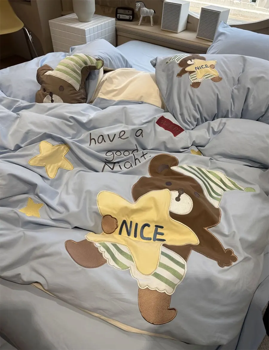 

Cute cartoon blue bear beding set kid teen,twin full queen king embroidery cotton home textile bed sheet pillow case quilt cover