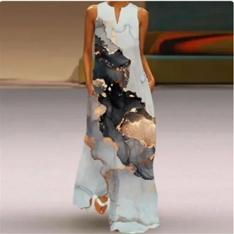Женский ретро - принт Sundress Летняя мода V воротник длинные юбки без рукавов