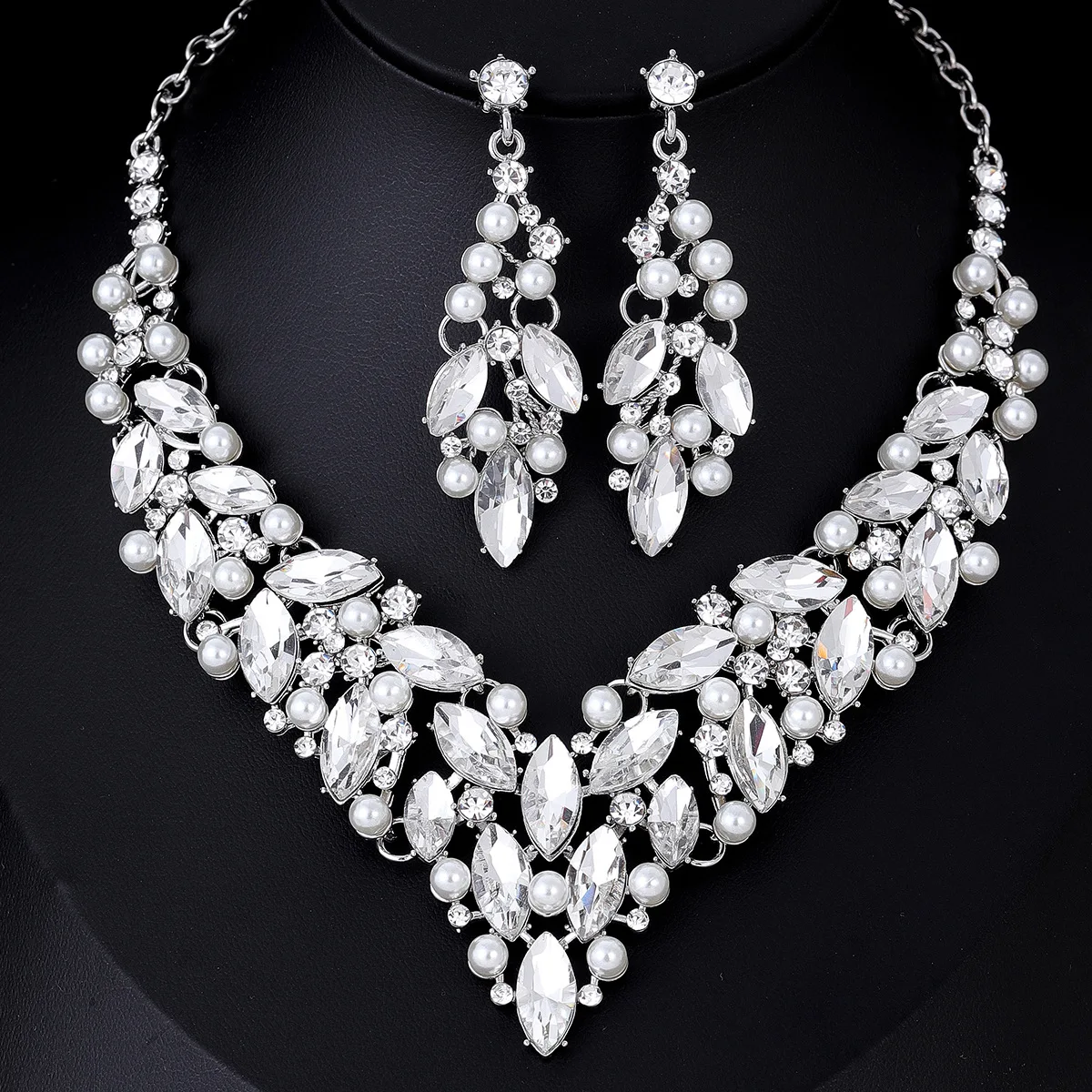 Роскошные жемчужные серьги набор ожерелий сверкающие хрустальные ожерелья