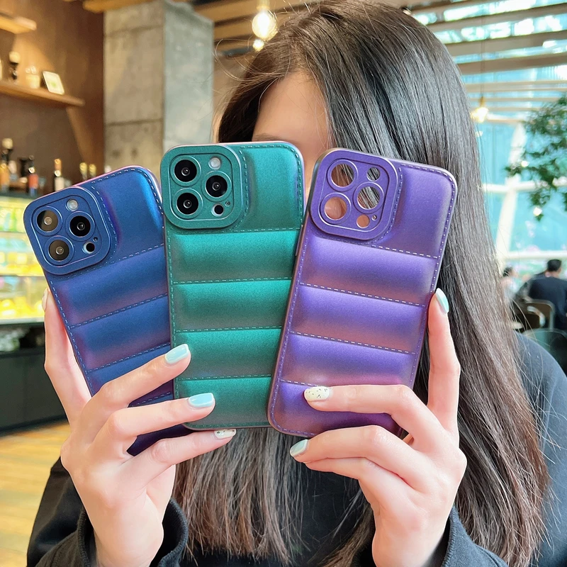 Luxury Leather Down Jacket The Puffer Phone Case For iPhone 13 12 11 Pro Xs Max X Xr 7 8 Puls SE Candy Color Shockproof Cover | Мобильные