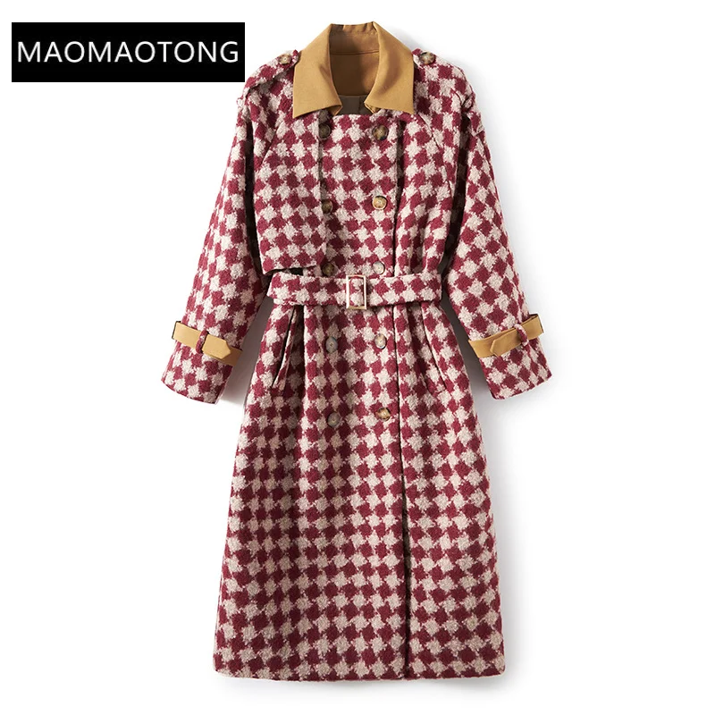 

2022 Luxury Designer Runway Elegant Women's winter Coats plaid Woolen Overcoat patchwork callor Double buckle Long Trench belt