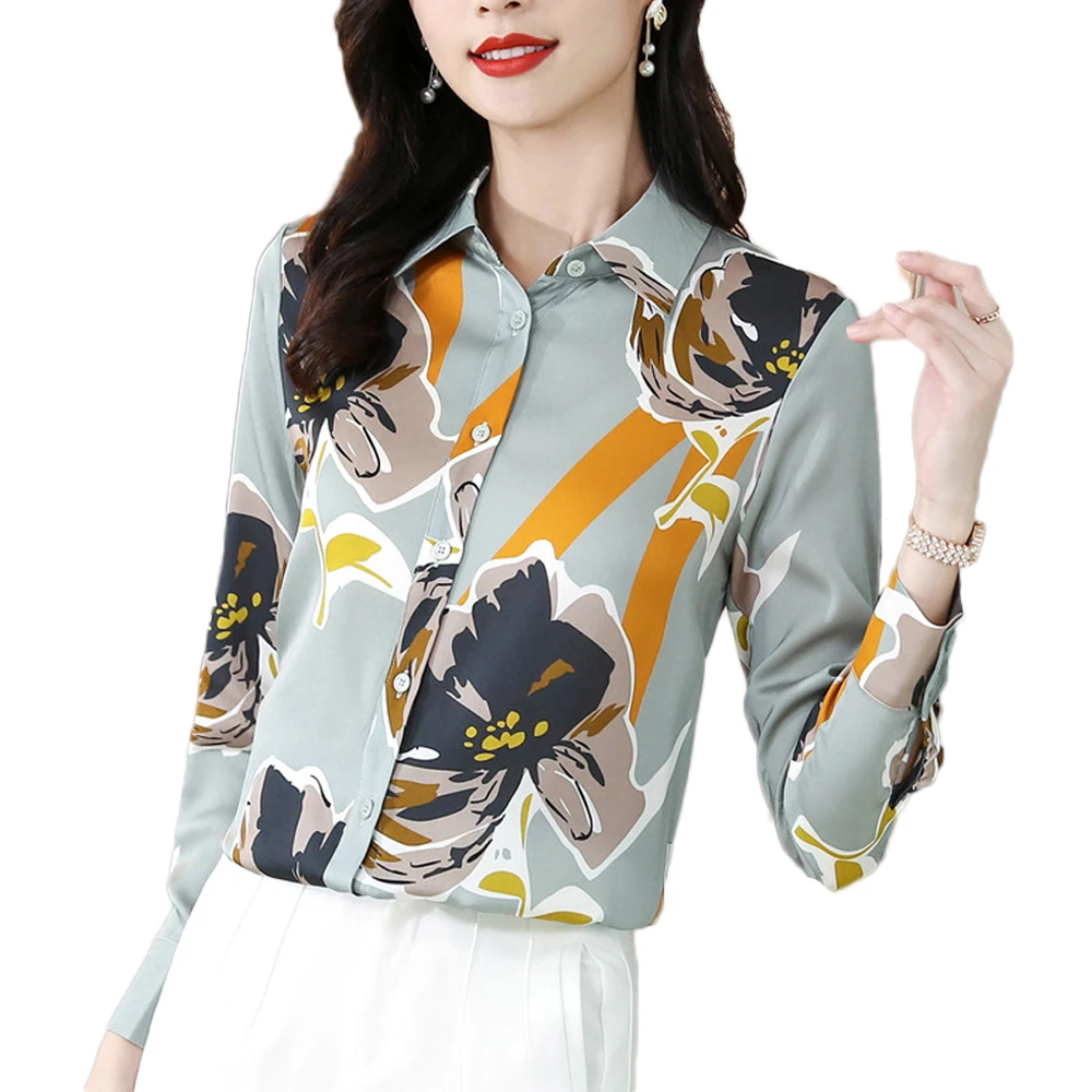 

Fashion Floral Printed Casual Silk Blouse Women Long Sleeve Office Lady OL Shirts Female Vintage Chic Tops 2022 Spring Autumn