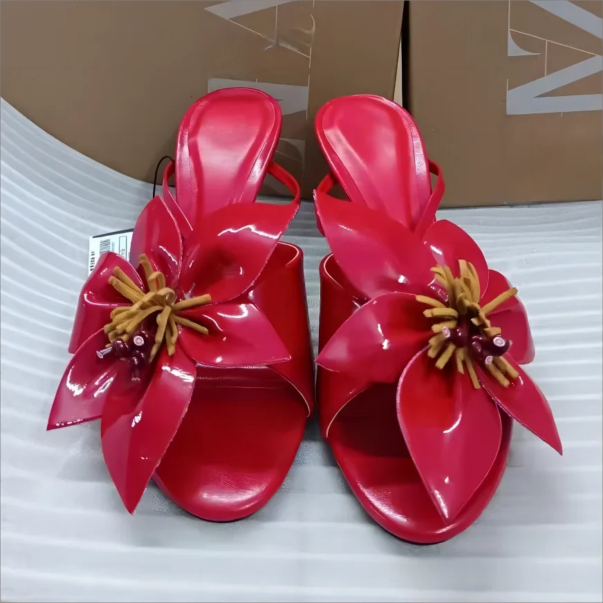 CHMURY/Вишневые красные белые босоножки на каблуке с цветочным принтом