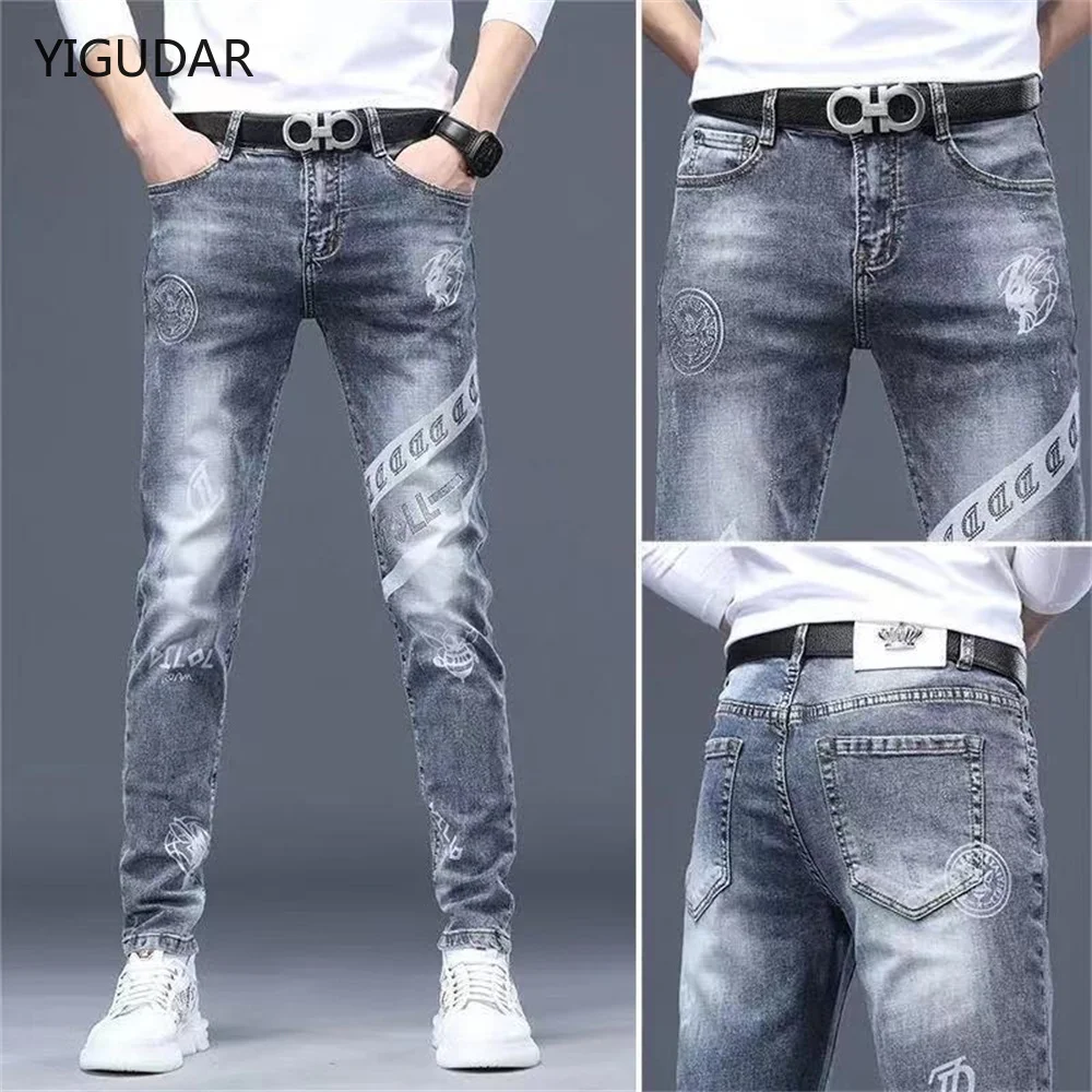 Mens stretch denim print pants jeans Korea slimming trendy casual jeans all-match light luxury men jeans pants for men