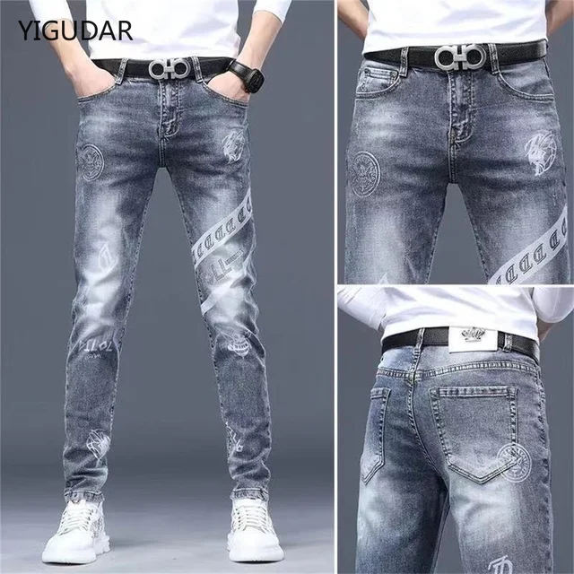 Mens stretch denim print pants jeans Korea slimming trendy casual jeans all-match light luxury men jeans pants for men 1
