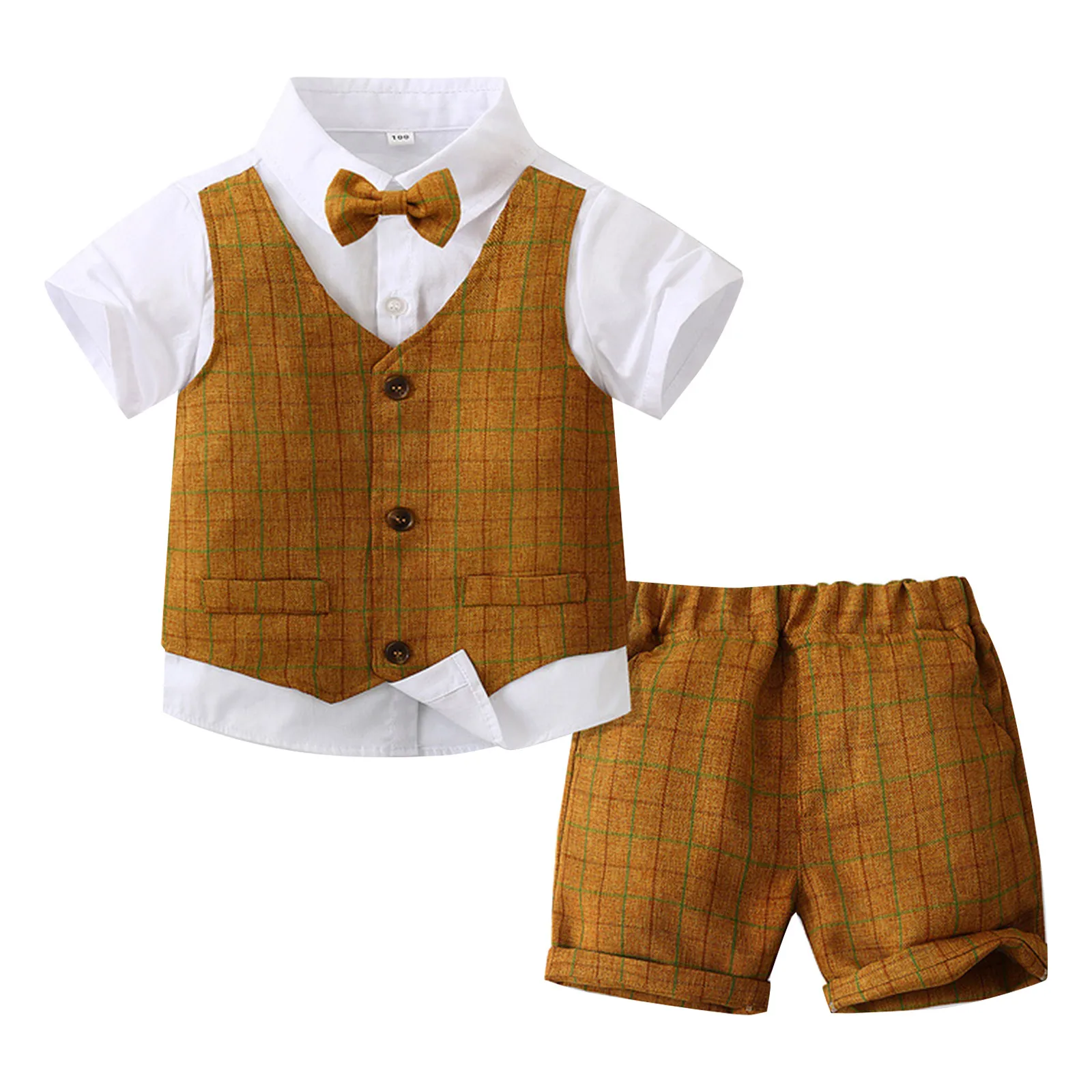 

Kids Baby Boys Gentleman Suit Short Sleeve Bowtie Shirt Plaid Vest Shorts Formal Wedding Baptism Party Photograph Tuxedo Clothes