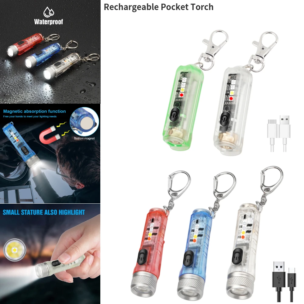 Мини-брелок Карманный фонарик с застежкой USB Перезаряжаемый светодиодный