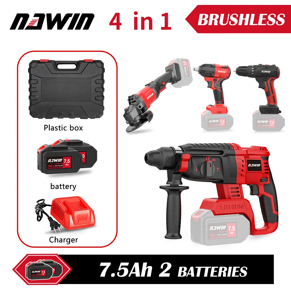 

tool sets box 7.5ah brushless cordless power hammer drills Rotary/power drills/ 380N wrench/125mm angle grinder power tools set
