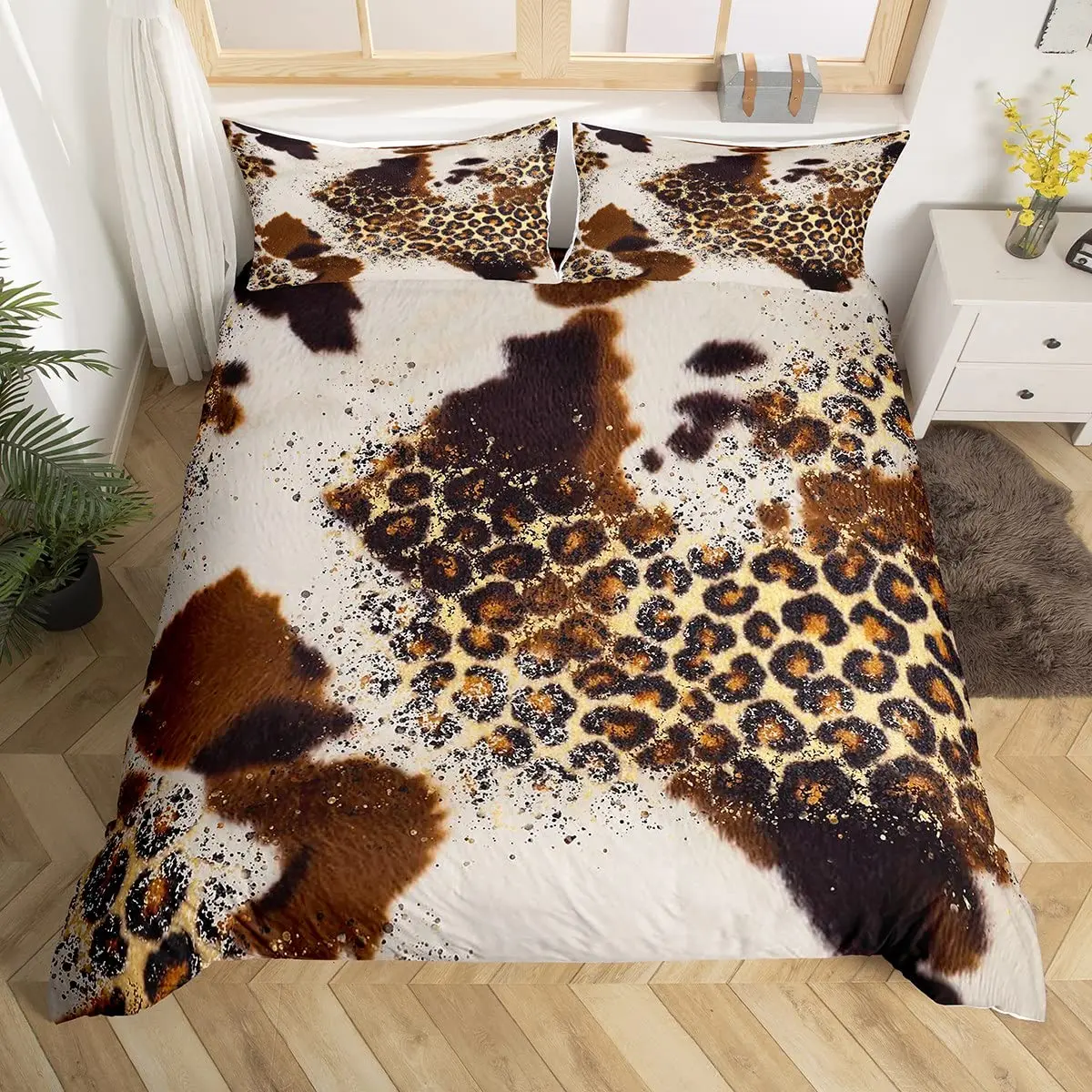 Cowhide Duvet Cover Set,Brown Cow Leopard Print,Western Rustic Farmhouse Farm Animals Bedding Sets Highland Cow Comforter Cover