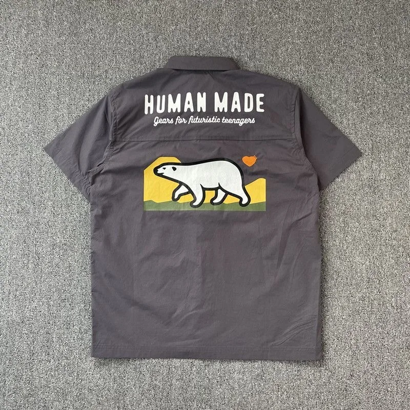 2023 New Humans Mades Japanese Tide Brand Cartoon Polar Bear Love Shirt Pocket Short-sleeved Men's Shirt Women