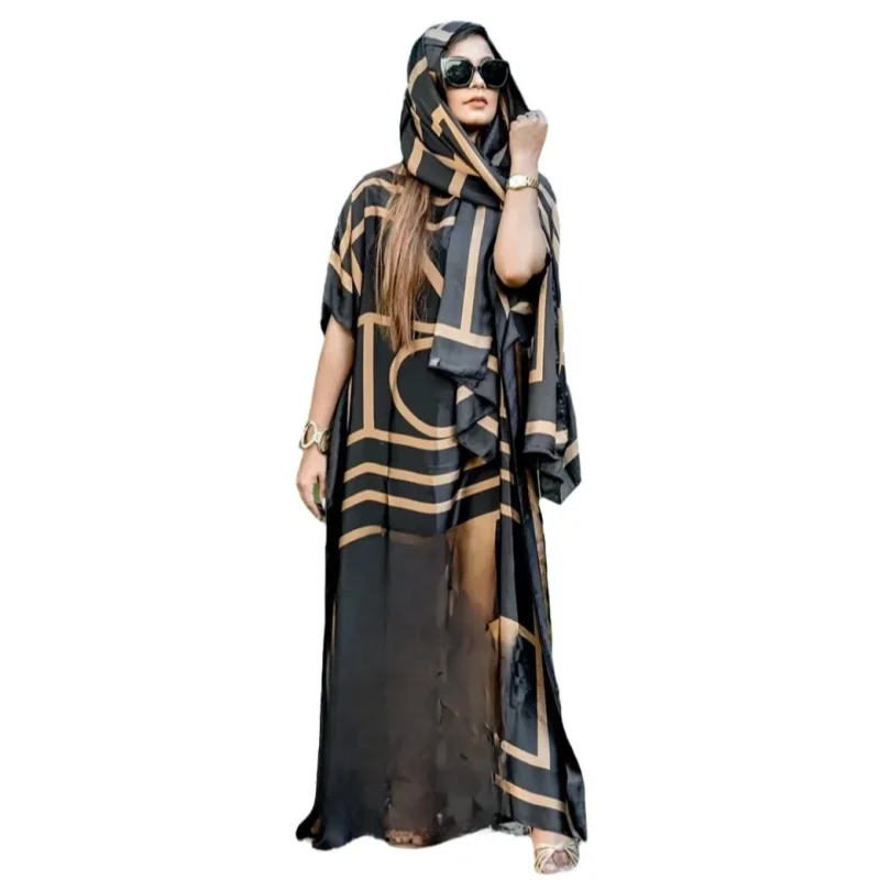 Фото 2025 neue Art Mode übergroße afrikanische Frauen Kleidung Dubai Dashiki Abaya Free Size Print Design mit Schal lockers langes K №4