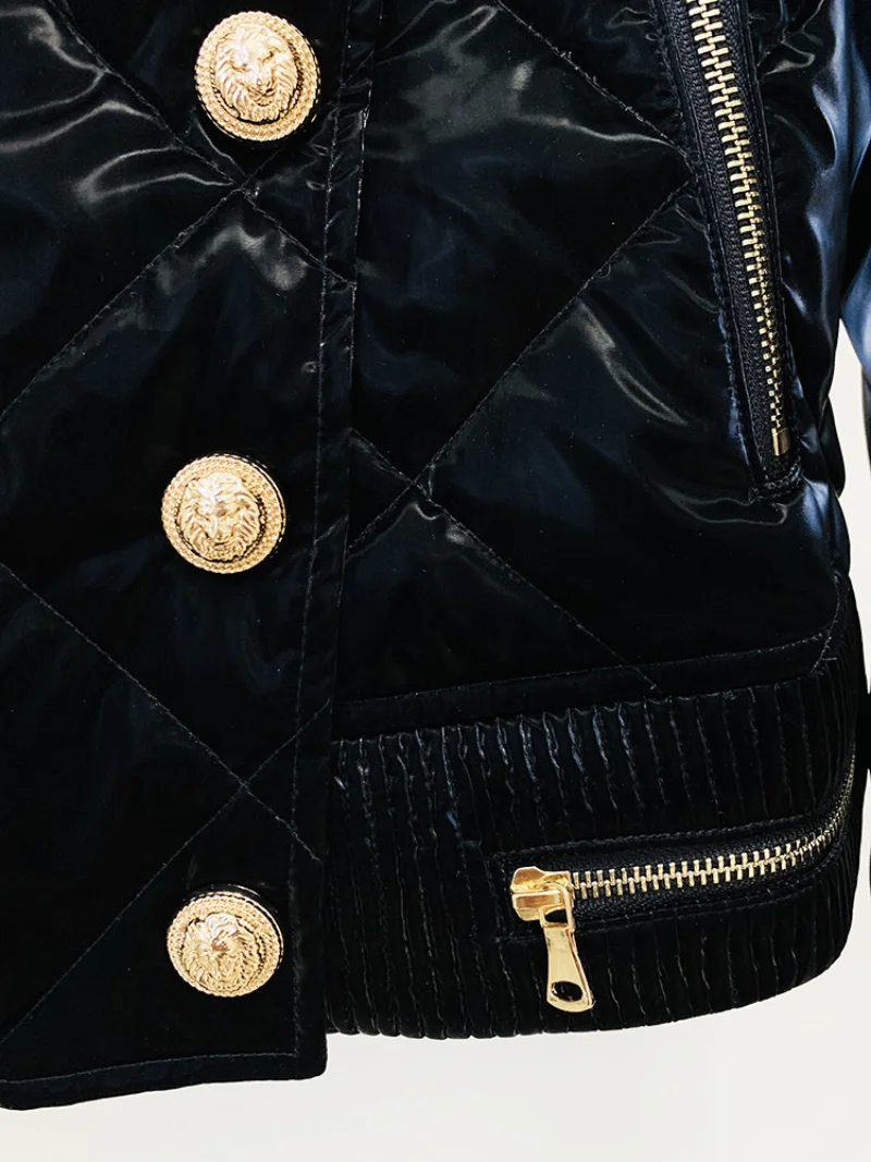 Fashion design winter woman white duck down puffer jacket stand collar glossy black coats gold lion buttons warm Japanese Korean