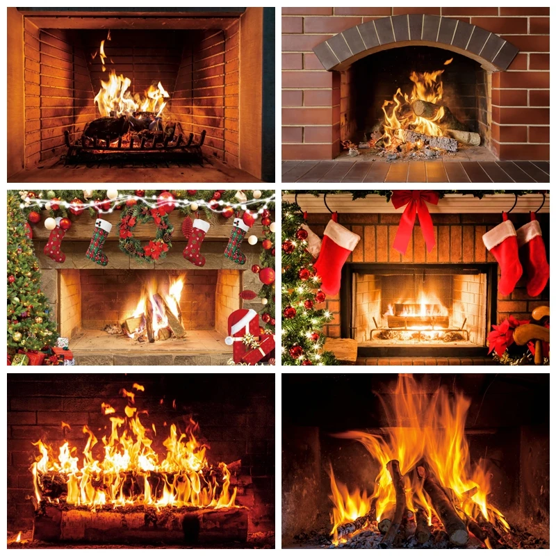 

Christmas Winter Fireplace Photography Backdrop Burning Fire Photocall Photographic Background Room Party Decor For Photo Studio
