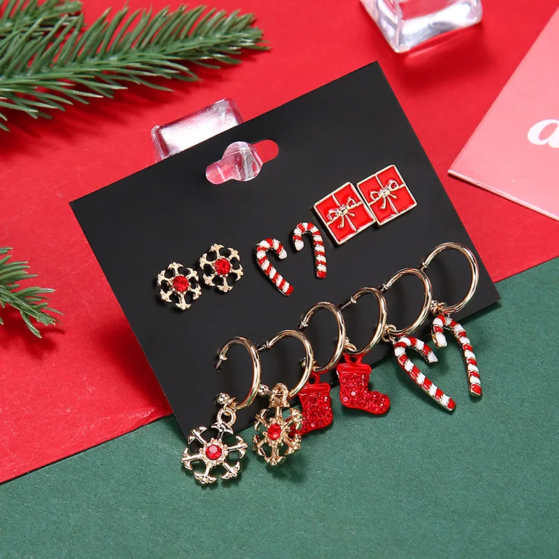 

6pcs/set Trend Christmas Earring Set Female Winter Snowflake Tree Snowman Bell Earring Fashion Christmas Ball Earring Jewelry