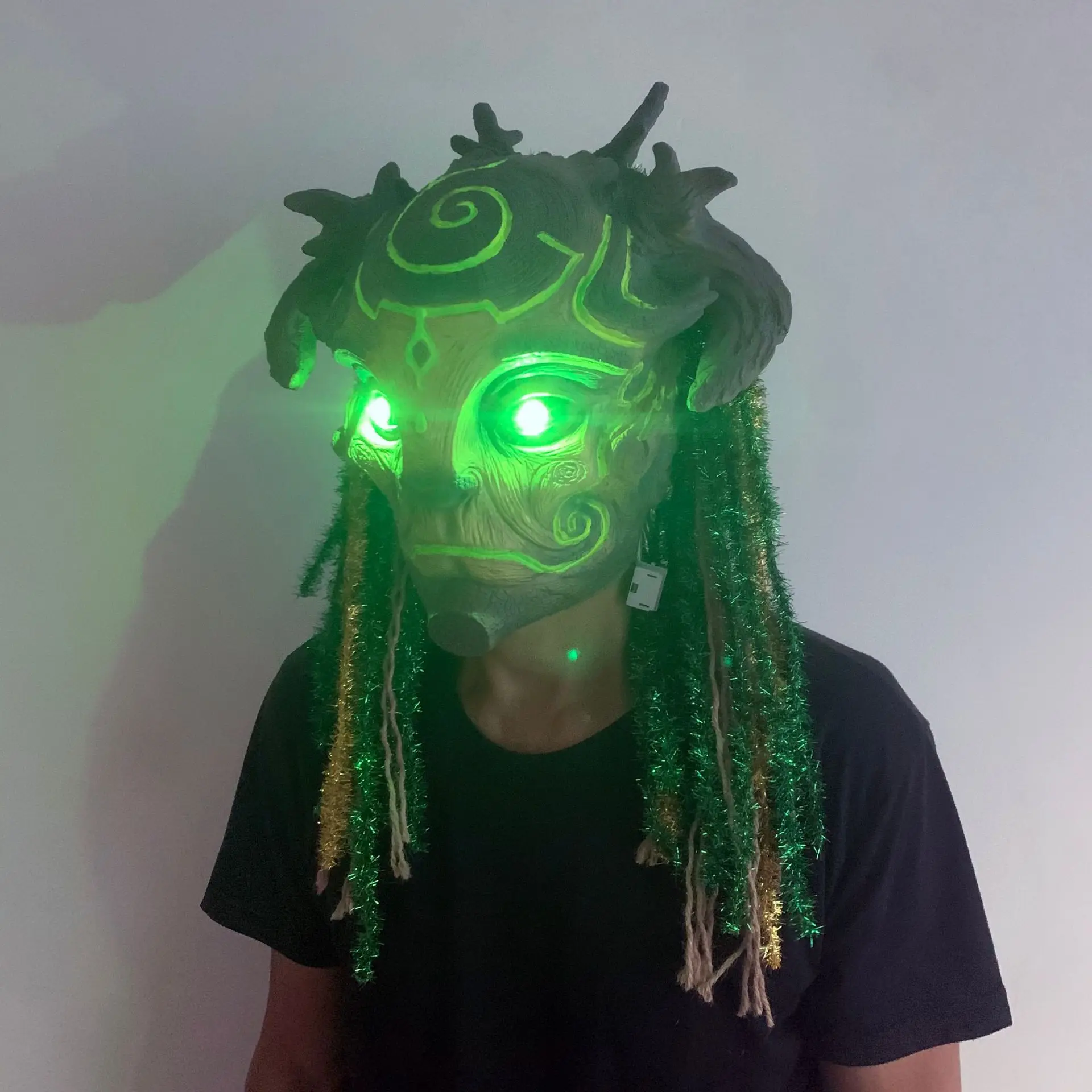 

Hot Sale Forest Spirit Mask Forest Beast Mask with Wig Eyes Glowing Green Elf Halloween Headgear Accessories Gifts