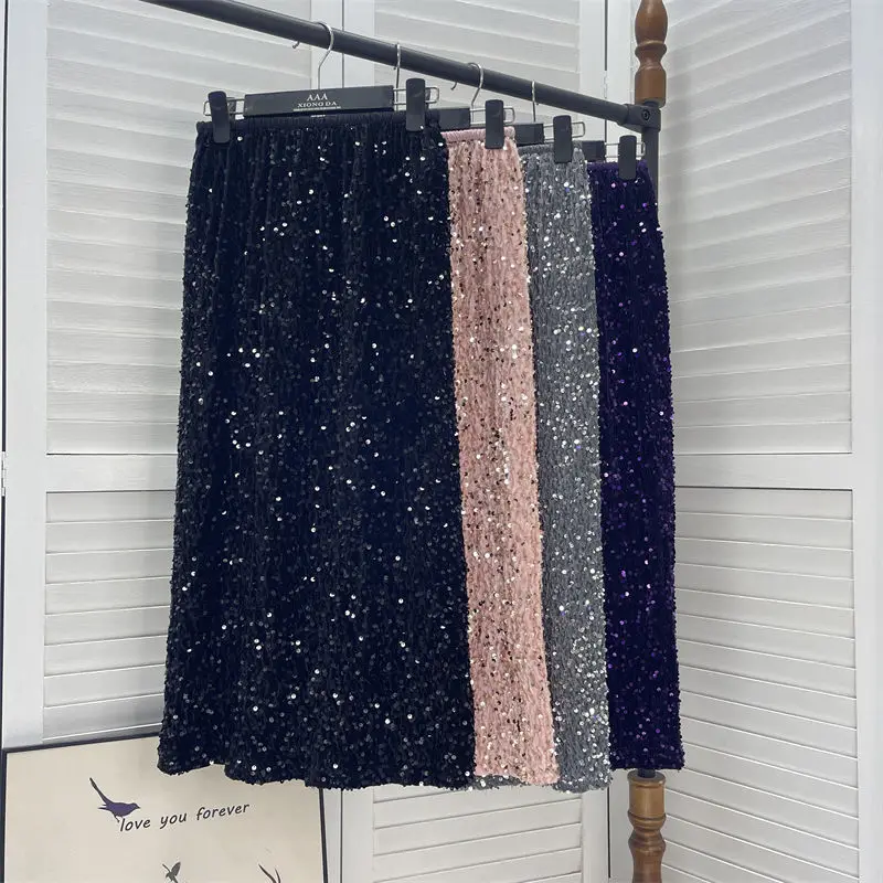 

Женская длинная юбка с блестками, повседневная Всесезонная юбка средней длины в Корейском стиле, универсальная привлекательная уличная одежда